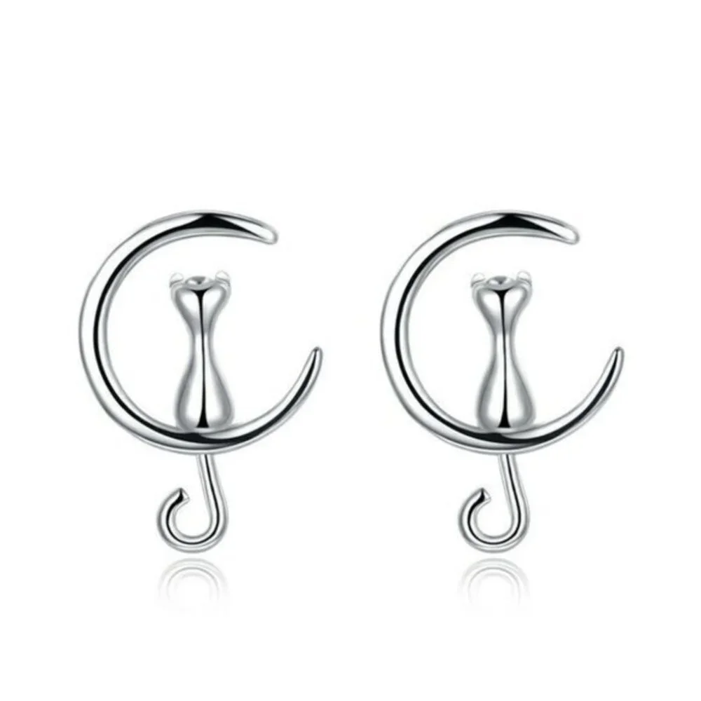 New Beautiful Sterling Silver Cat on the Moon Earrings